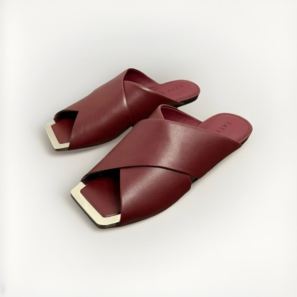 Katy Perry Collections Burgundy Crisscross Slide Sandals with Gold Trim